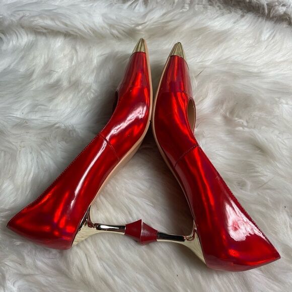 Findvell synthetic patent Red and gold square toe slip on kitten gold heels, SZ9 - Picture 5 of 8